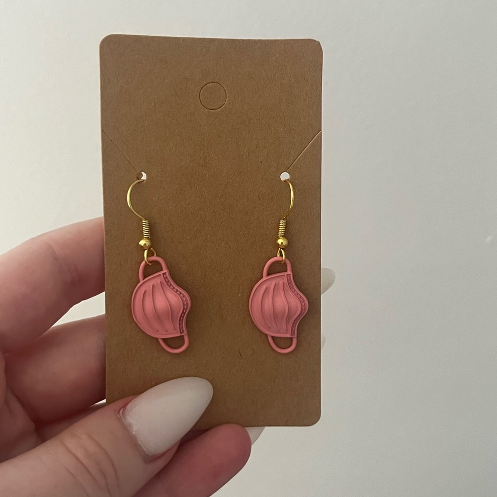 HOMEMADE Pink Mask Drop-Down Earrings.